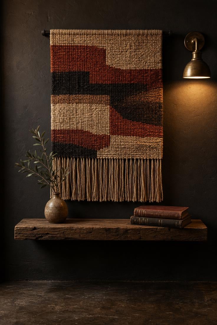 A handwoven wool tapestry in terracotta and cream with long fringe on a dark charcoal plaster wall lit by moody evening sconce light.