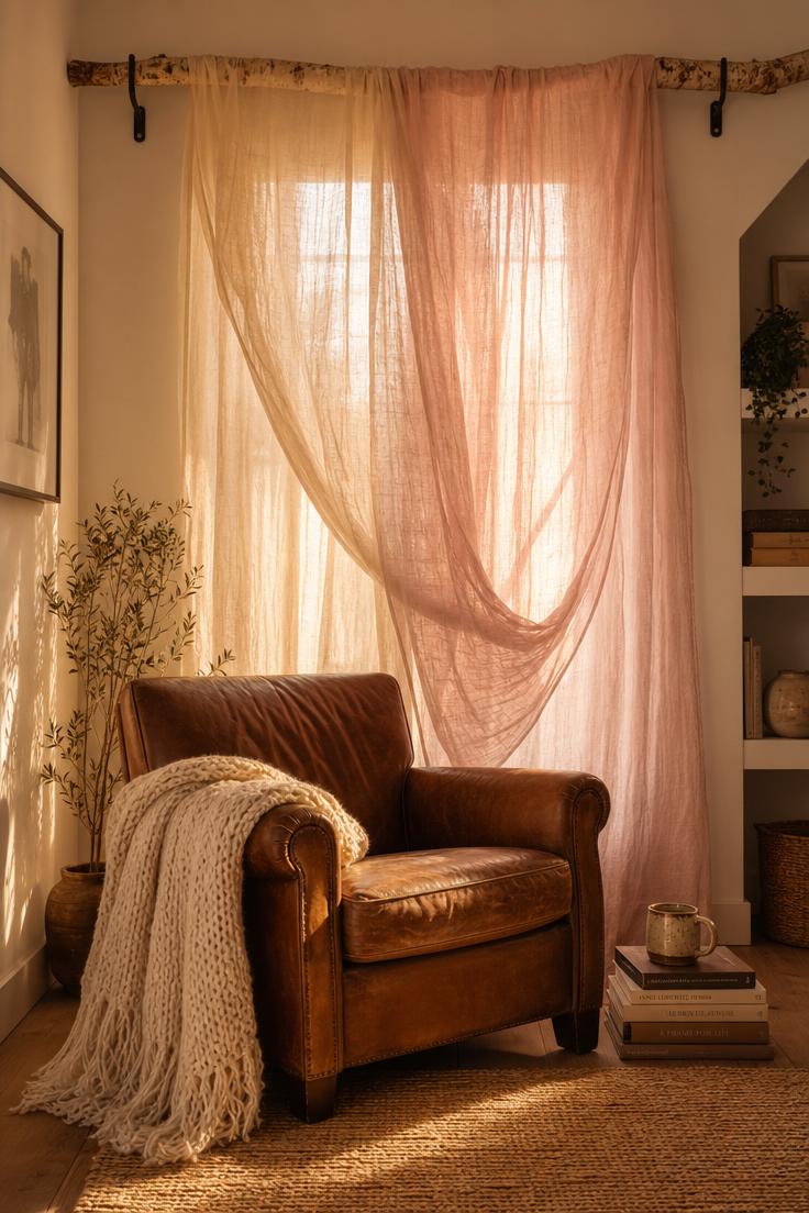 Two overlapping cotton gauze panels in oat and blush draped from a birch branch above a leather reading chair in warm golden afternoon light.