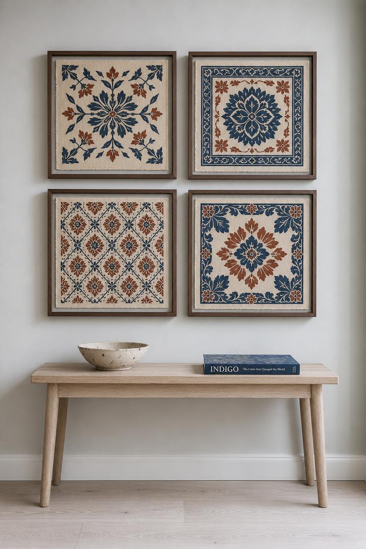 Four hand-block-printed cotton squares in indigo and rust patterns displayed in walnut float frames on a pale gray wall in cool overcast light.
