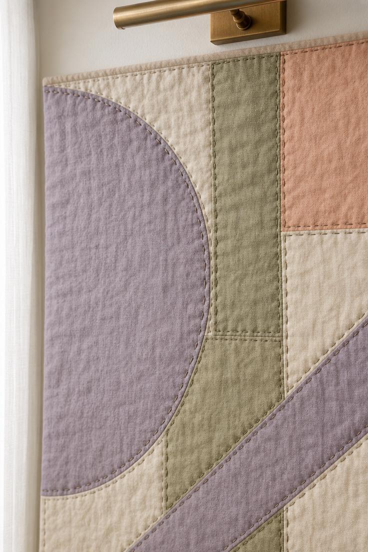 Close-up of hand-quilting stitches on a modern art quilt in dusty lavender, sage, and peach pastels mounted on a white wall in soft diffused light.