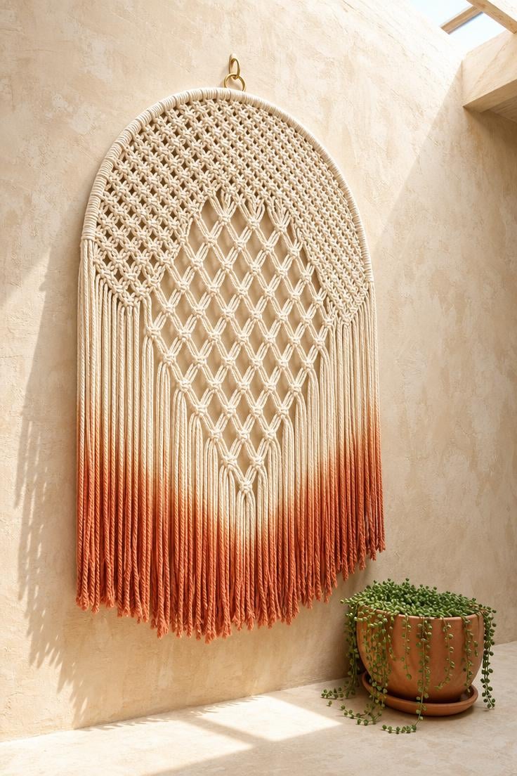 A large arch-shaped macramé wall art piece with dip-dyed terra-cotta cotton cord hanging from a brass hook on a limewashed wall in bright midday light.