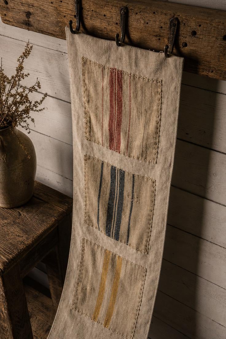 Vintage grain sack strips in faded red, navy, and ochre sewn onto a linen runner hanging from forged iron hooks on a reclaimed wood beam in moody overhead light.