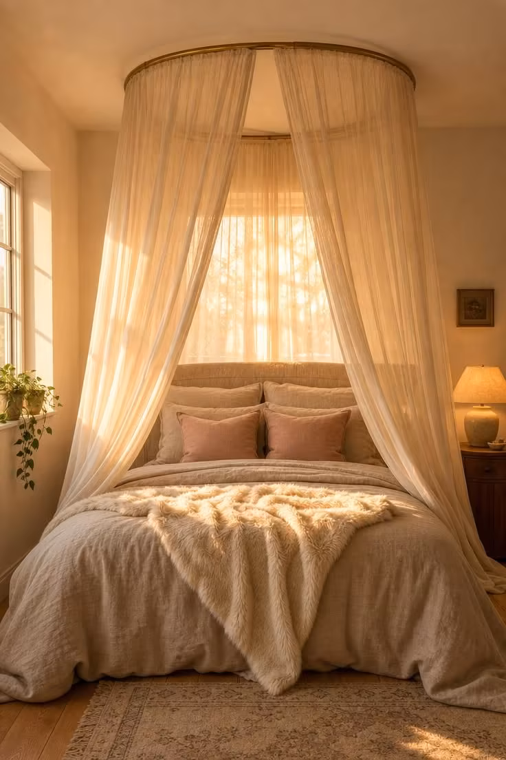 Gauze canopy draped from a brass ceiling ring over layered oatmeal linen bedding with blush accent pillows in a warm golden-lit bedroom