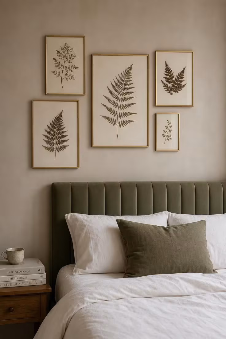 Pressed fern gallery wall in thin gold frames above a sage velvet headboard with soft diffused daylight in a nature-inspired bedroom