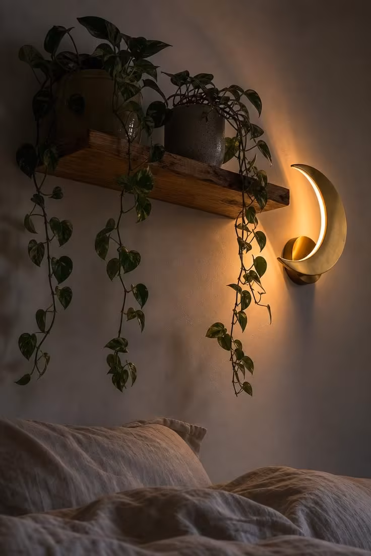 Trailing pothos on a high floating shelf with a crescent moon wall lamp casting low amber light in a moody enchanted bedroom