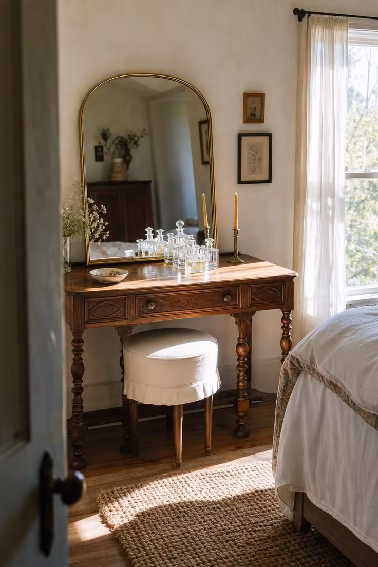 Vintage carved wood vanity with arched brass mirror, glass perfume bottles, and beeswax tapers in bright midday sunlight