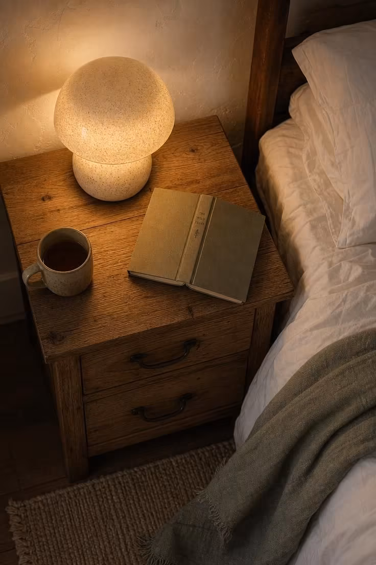 Mushroom-shaped cream ceramic lamp glowing on a reclaimed oak nightstand with an open book and sage throw in a warm bedroom