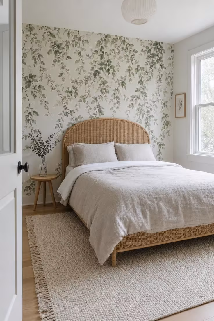 Peel-and-stick climbing vine mural in muted green behind a rattan bed frame with dove linen bedding in cool overcast light