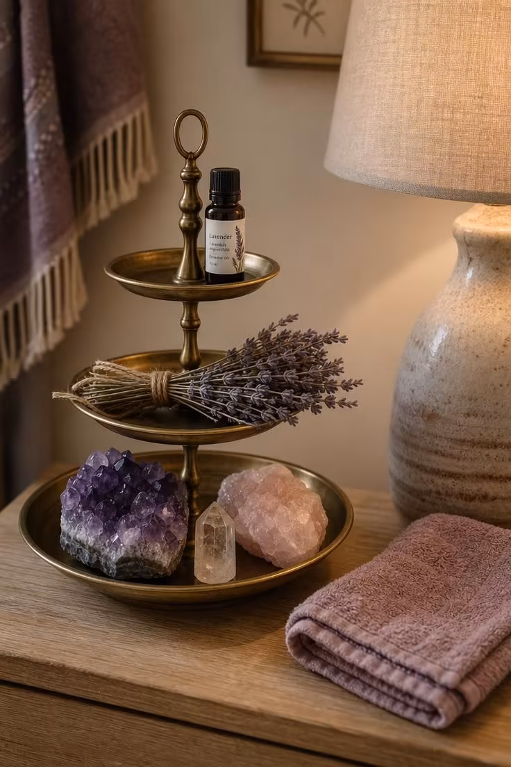Raw crystal clusters and dried lavender bundles on a tiered brass tray with soft diffused light from a linen-shaded lamp