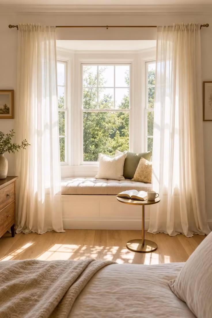 Floor-length ivory sheer curtains framing a bay window reading nook with tufted bench and bright midday sunlight