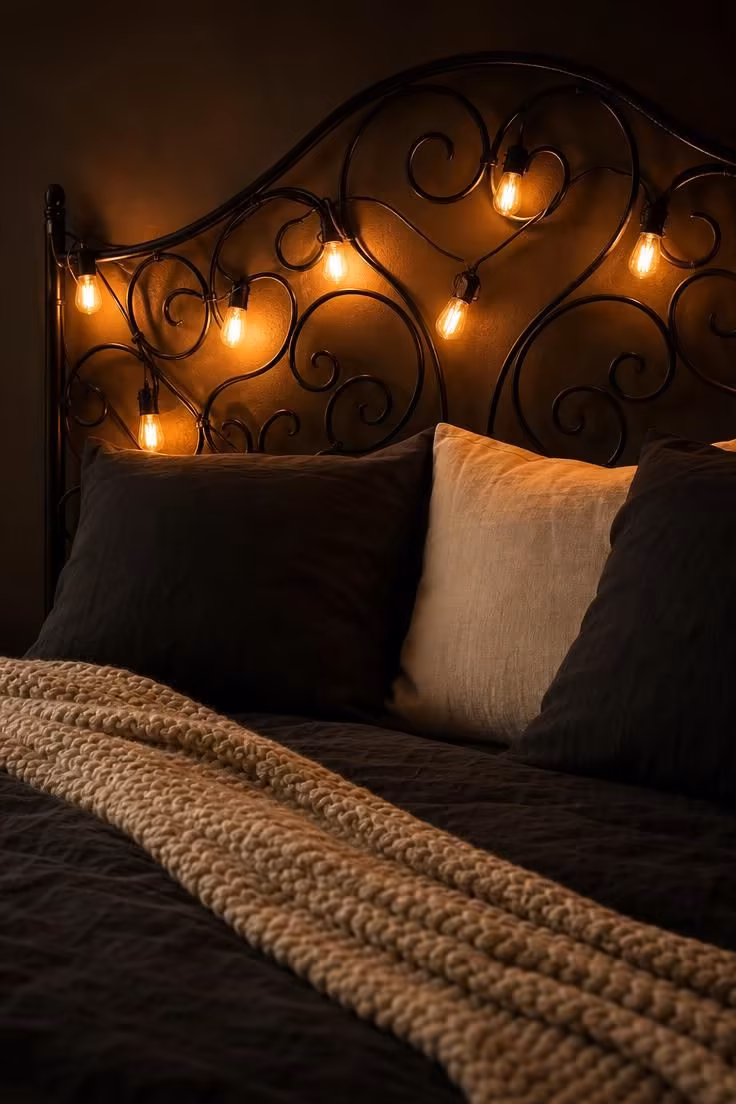 Edison bulb string lights woven through a wrought iron headboard casting amber halos over charcoal linen bedding at night