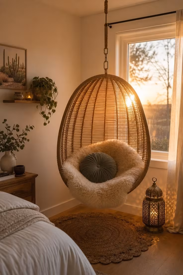 Hanging woven rattan egg chair with faux sheepskin and brass floor lantern in warm golden hour light