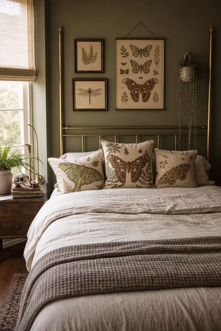 Moth-wing botanical print pillows on a slender brass four-poster bed against an olive wall with soft diffused light