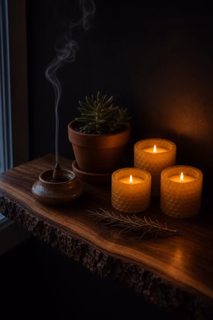 Cedar incense station on a live-edge walnut shelf with beeswax votives and dried rosemary in moody candlelight