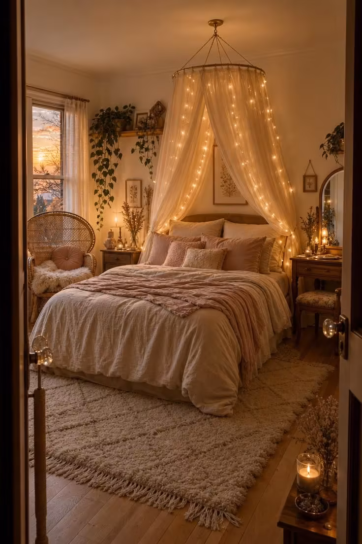 Simple Spaces 19 Dreamy adult fairy bedroom with gauze canopy, string lights, rattan chair, vintage vanity, and trailing pothos in warm golden evening light