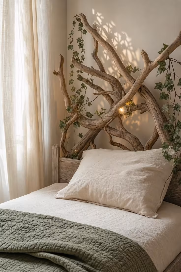 15 Dreamy Fairy Bedroom Ideas for Kids to Spark Joy 1 Close-up of a reclaimed wood bed headboard wrapped in manzanita branches with soft warm light casting branch shadows against a white wall.