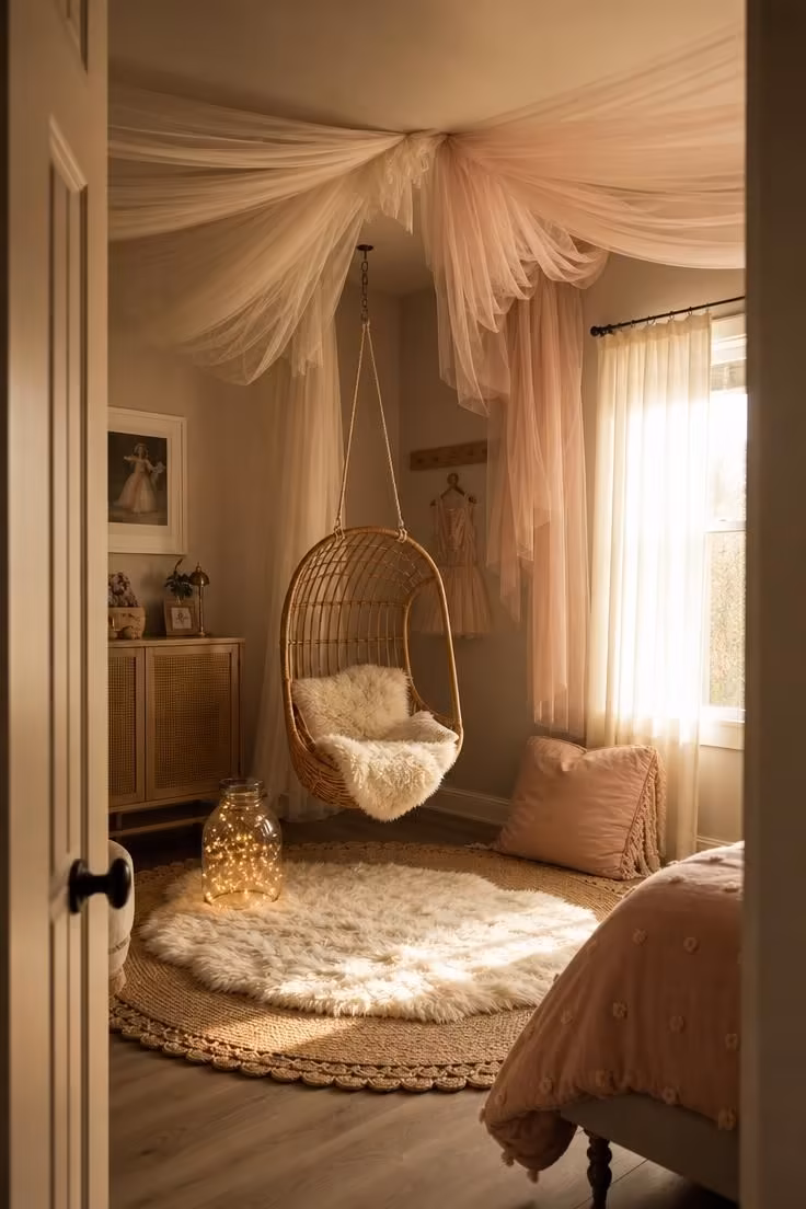 15 Dreamy Fairy Bedroom Ideas for Kids to Spark Joy 2 Wide view of a fairy bedroom corner with asymmetrical ivory and blush tulle canopy and a hanging rattan swing over layered rugs.