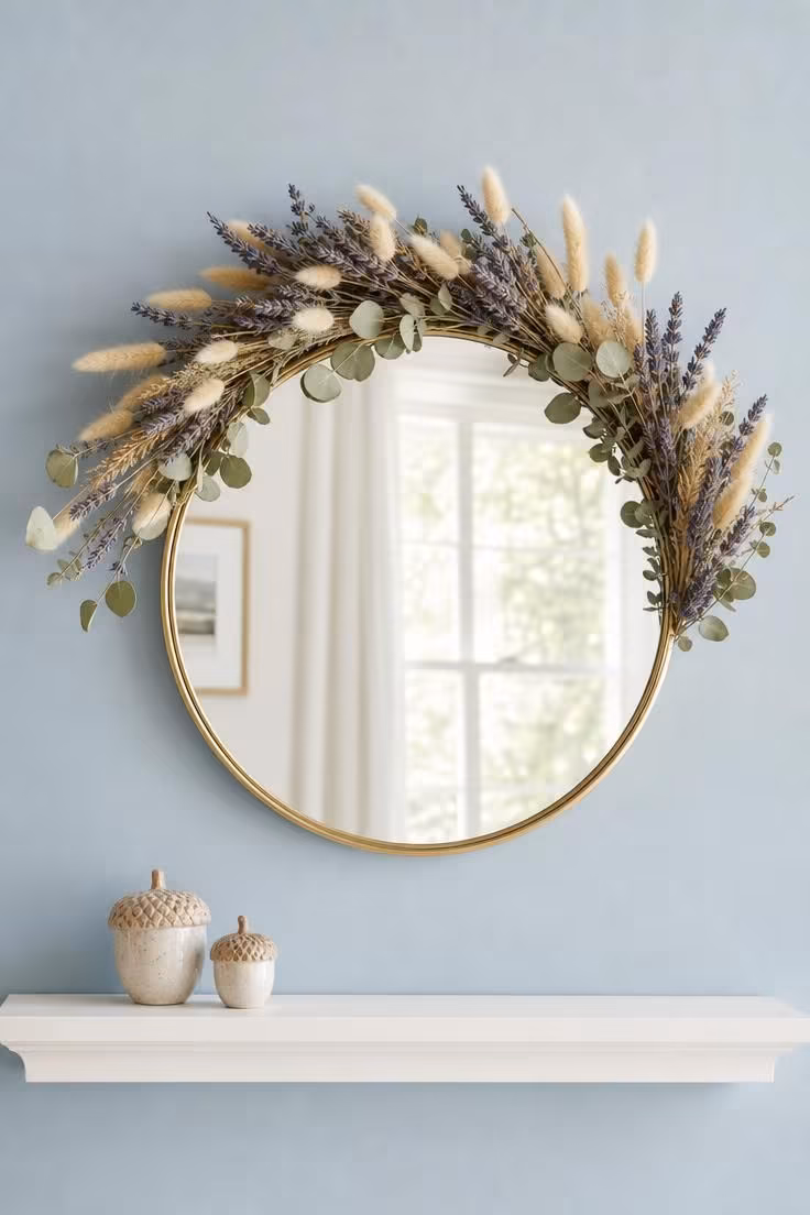 15 Dreamy Fairy Bedroom Ideas for Kids to Spark Joy 4 Round brass mirror on a powder blue wall surrounded by a crescent of dried bunny tail grass, lavender, and eucalyptus.
