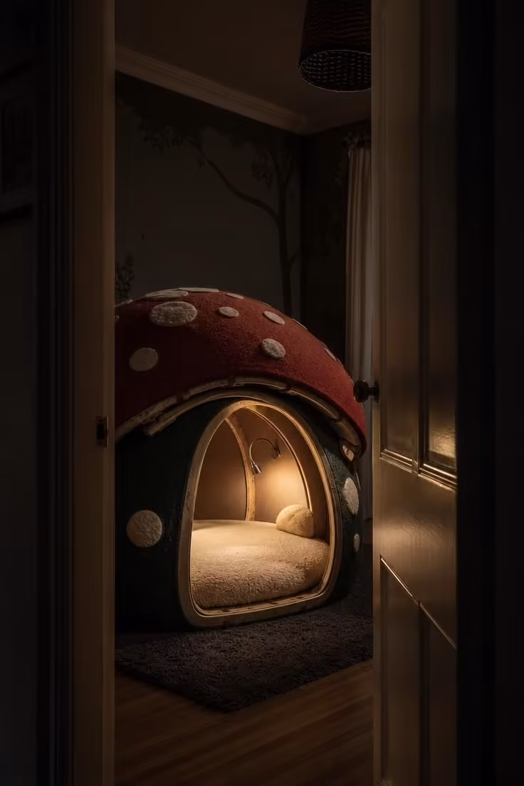 15 Dreamy Fairy Bedroom Ideas for Kids to Spark Joy 5 Doorway view of a mushroom cap reading pod glowing softly in the corner of a darkened fairy bedroom.