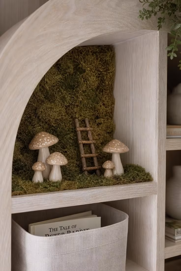 15 Dreamy Fairy Bedroom Ideas for Kids to Spark Joy 6 Close-up of a curved whitewashed oak bookshelf cubby lined with moss and holding ceramic mushrooms and a tiny wooden ladder.