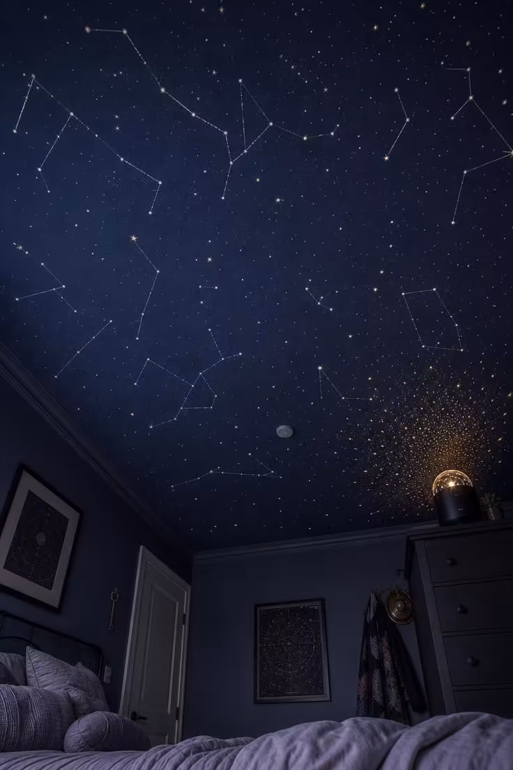 15 Dreamy Fairy Bedroom Ideas for Kids to Spark Joy 7 Overhead view of a deep indigo ceiling with hand-painted constellation clusters and a low-glow projector casting soft light.