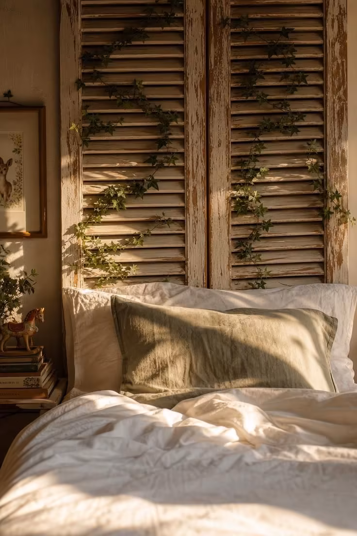 15 Dreamy Fairy Bedroom Ideas for Kids to Spark Joy 8 Reclaimed shutter headboard with whitewashed paint and silk ivy woven through the slats on a bed with white and sage bedding.