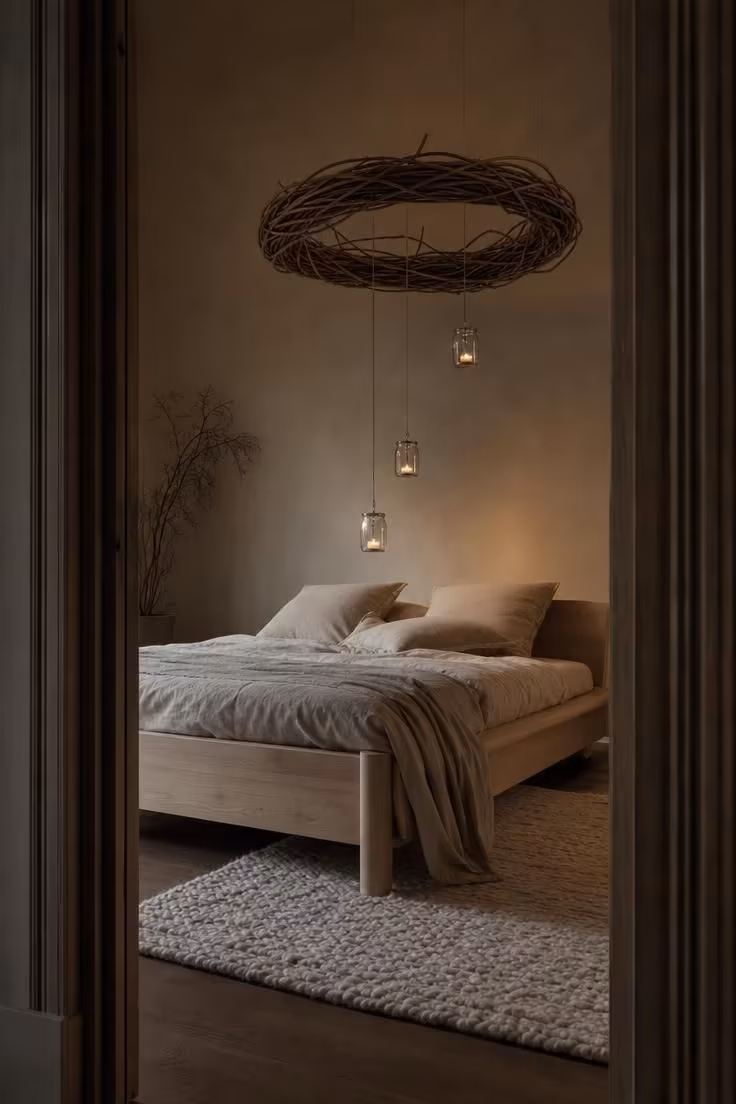 15 Dreamy Fairy Bedroom Ideas for Kids to Spark Joy 9 Willow wreath suspended above a low floor bed with hanging glass tea light jars glowing warmly in a greige bedroom.