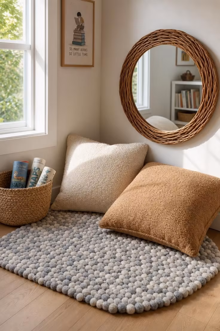 15 Dreamy Fairy Bedroom Ideas for Kids to Spark Joy 10 Neutral fairy reading corner with a felt pebble mat, willow branch mirror, floor cushions, and a seagrass basket of books.