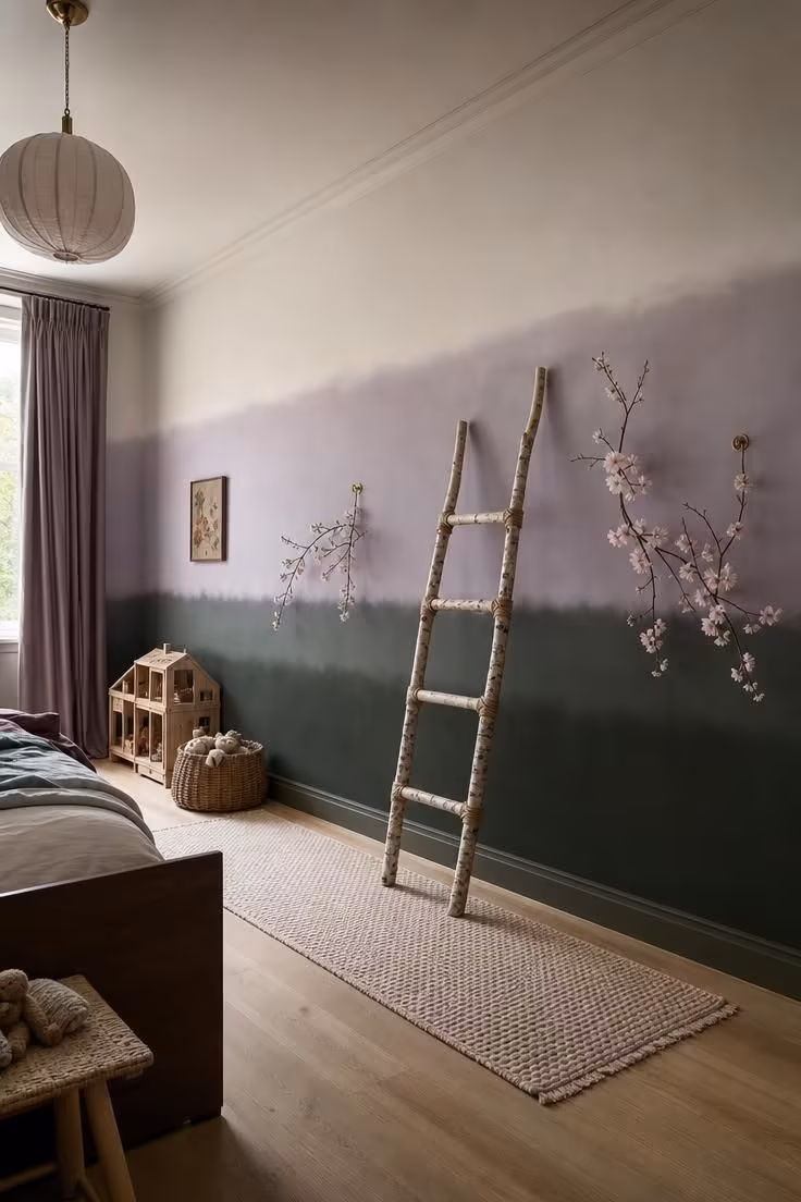 15 Dreamy Fairy Bedroom Ideas for Kids to Spark Joy 11 Wide view of a dusk ombre painted wall with a twig ladder and hanging blush blossom branches in a fairy bedroom.