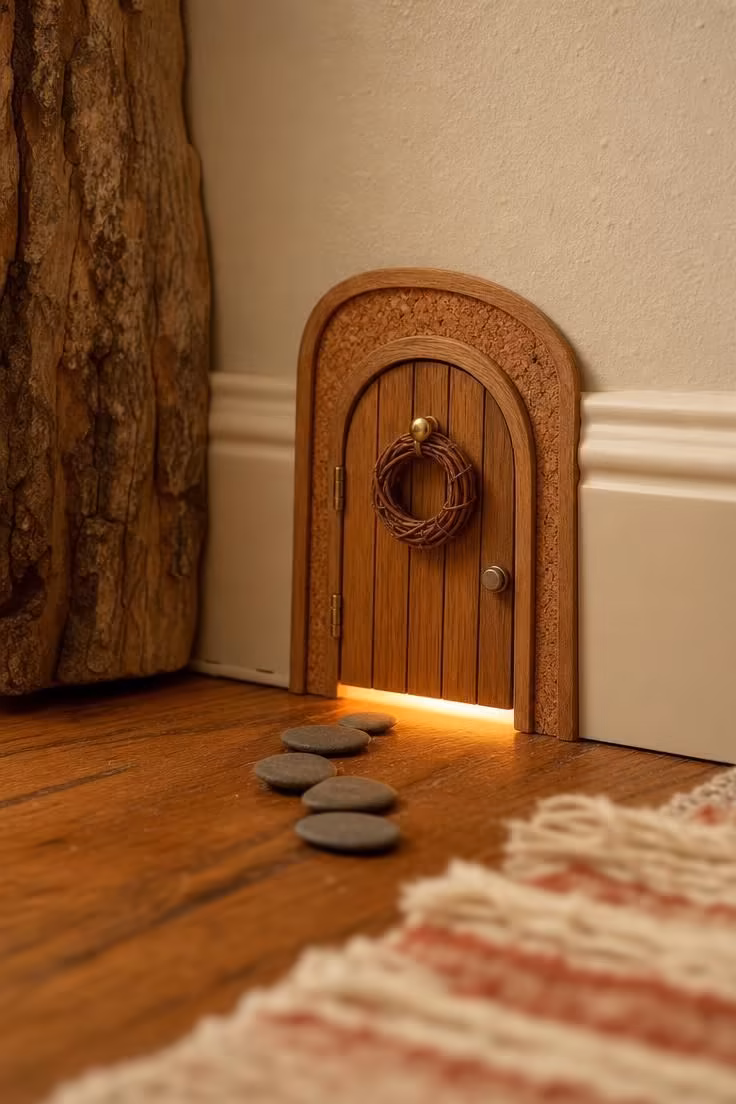 15 Dreamy Fairy Bedroom Ideas for Kids to Spark Joy 12 Close-up of a tiny wooden fairy door at the baseboard with a grapevine wreath and pebble stepping path.