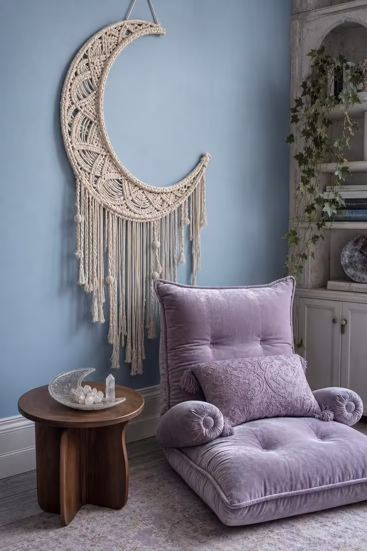 15 Dreamy Fairy Bedroom Ideas for Kids to Spark Joy 13 Macrame crescent moon wall hanging above a lavender velvet floor lounger in a cool dusty blue fairy bedroom.