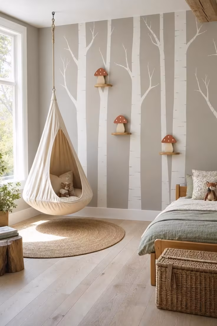 15 Dreamy Fairy Bedroom Ideas for Kids to Spark Joy 14 Wide view of a greige bedroom wall with painted white birch silhouettes, shelf mushrooms, and a hanging cocoon chair.