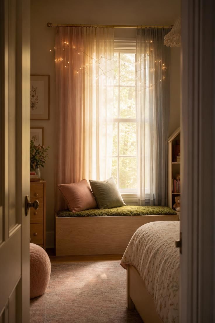 15 Dreamy Fairy Bedroom Ideas for Kids to Spark Joy 15 Layered sheer organza window with copper fairy light trails and a moss-lined window bench in warm afternoon light.