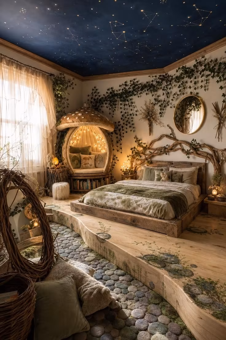 Simple Spaces 15 Complete fairy bedroom for kids with a branch headboard bed, mushroom pod, star ceiling, dried florals, and layered glowing textiles in warm afternoon light.