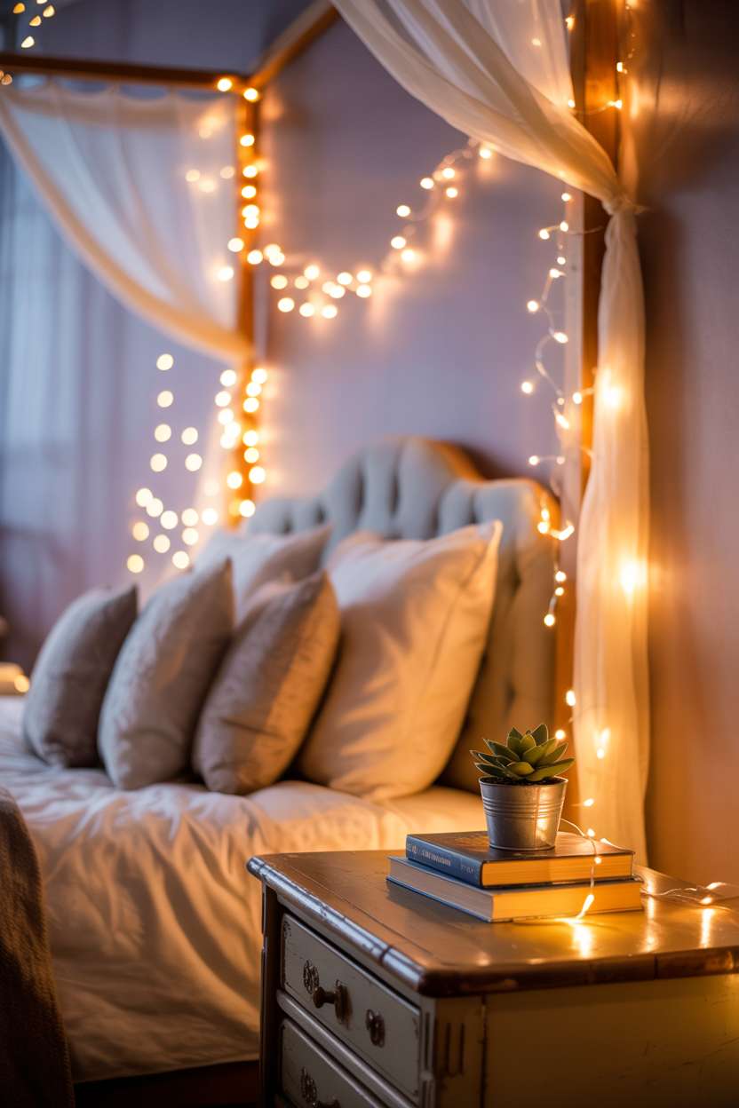 Cozy bedroom with fairy lights draped across canopy bed with white linens and vintage nightstand