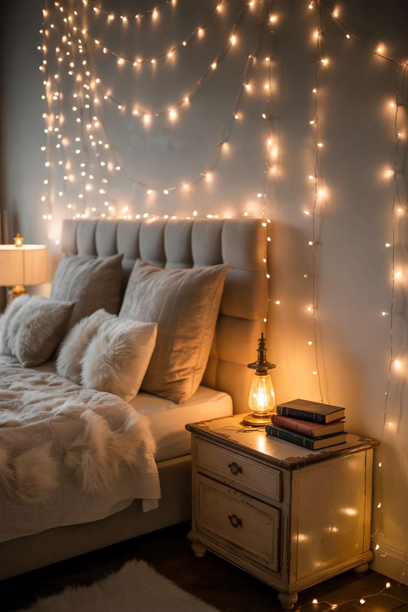 Bedroom with fairy lights strung across walls and draped over bed frame with plush white bedding