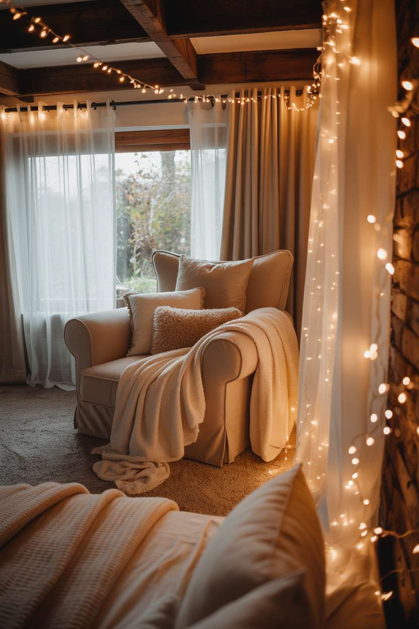 Bedroom featuring oversized armchair with cream throw blanket surrounded by fairy lights woven through curtains