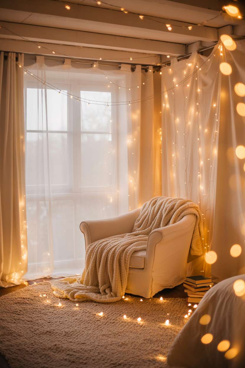 Serene bedroom with white armchair near large window, fairy lights woven through curtains and ceiling beams