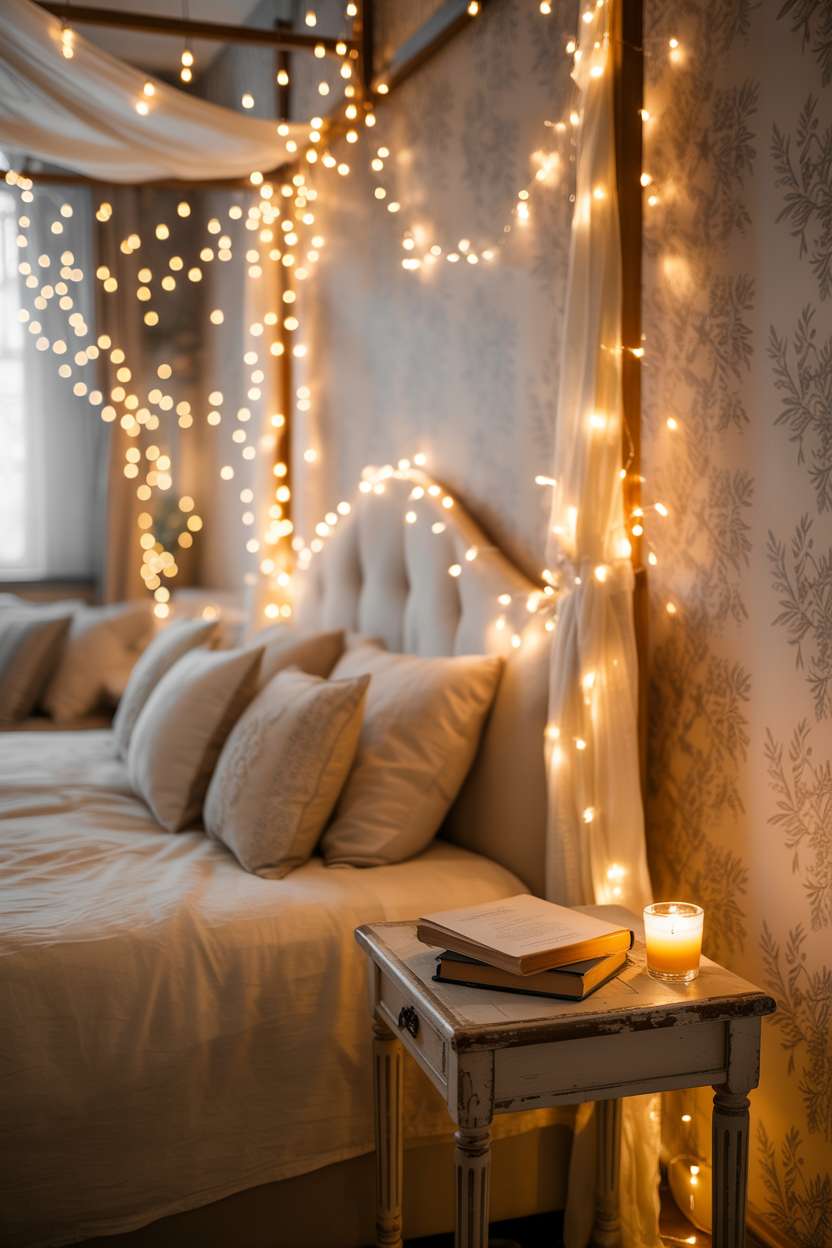 Bedroom with fairy lights draped across ceiling and around canopy bed with cream linens and floral wallpaper