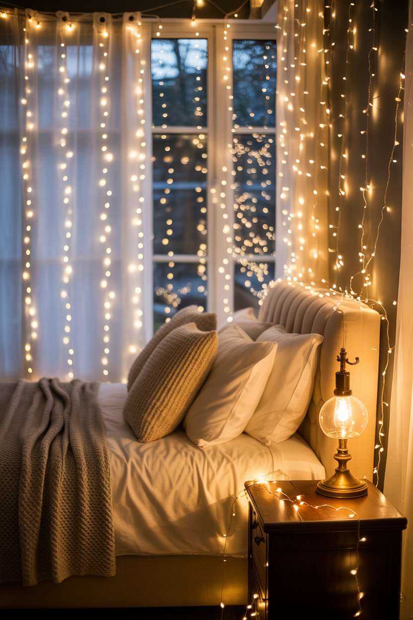 Serene bedroom with cream bed, gray throw, fairy lights on walls and window frame