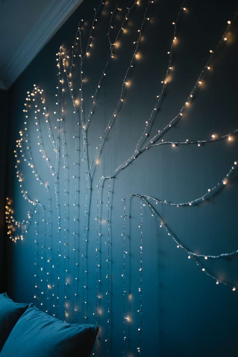 Bedroom wall featuring fairy lights arranged in tree shape against deep indigo background