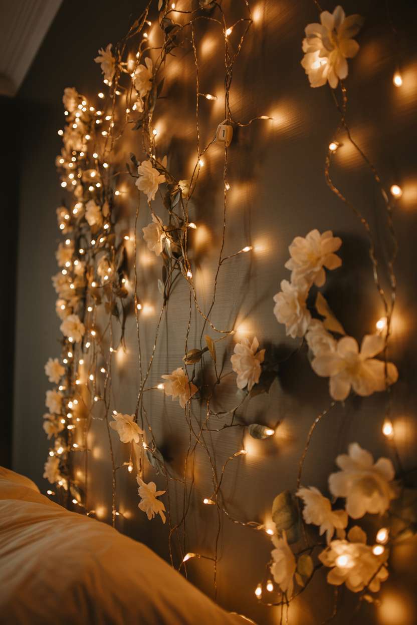 Bedroom wall with fairy lights woven among artificial vines and flowers against charcoal gray background