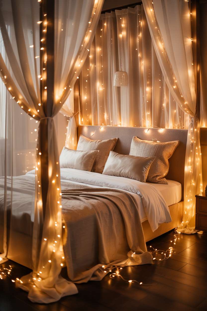 King-sized bed with cream duvet, fairy lights through curtains and headboard, hardwood floors