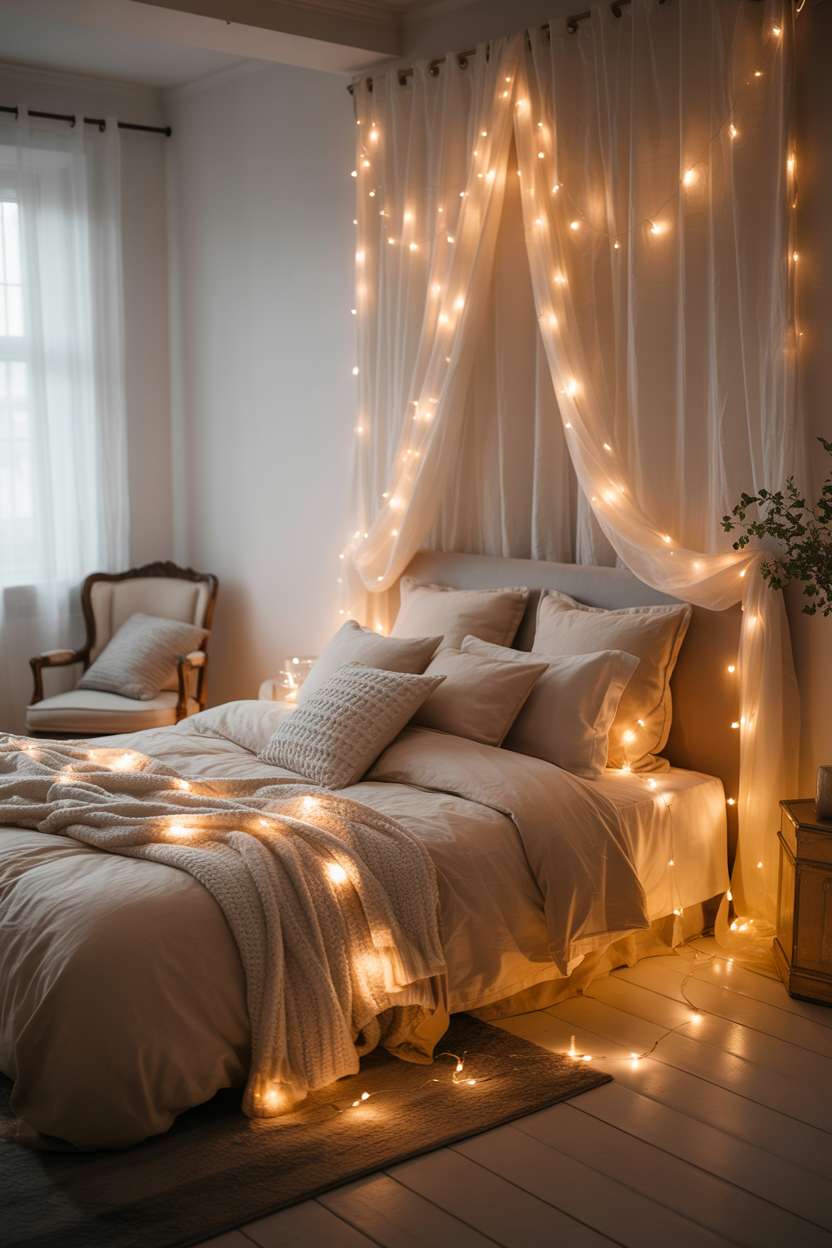 Styled bedroom with king bed, cream linens, fairy lights through curtains and headboard, vintage armchair