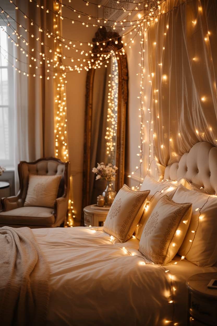 Luxurious bedroom with king bed, white linens, fairy lights cascading from ceiling around antique mirror and reading nook
