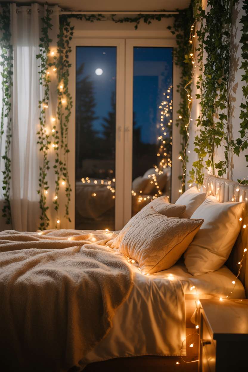 Cozy bedroom with king bed, fairy lights, ivy vines on walls, large window showing starry sky