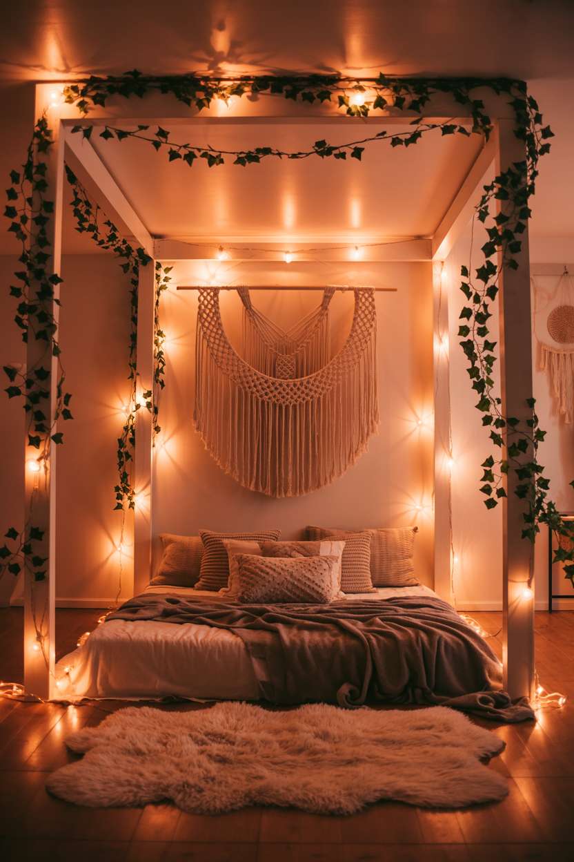 Bohemian bedroom with fairy lights, ivy vines, macrame wall hanging, cream rug, and low bed with mixed textiles
