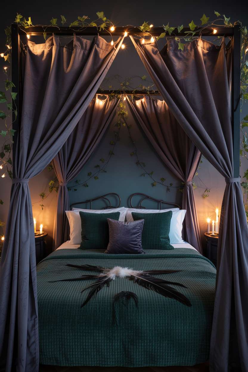 Witchy bedroom at night with four-poster bed, purple velvet curtains, ivy vines, emerald bedspread, and fairy lights