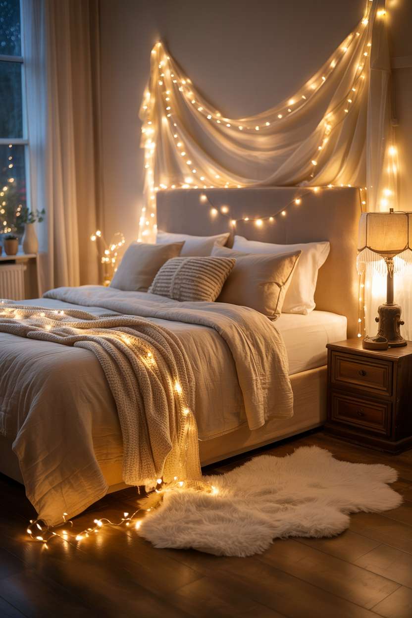 Bedroom with queen bed, cream and beige linens, chunky knit throw, fairy lights on headboard and walls