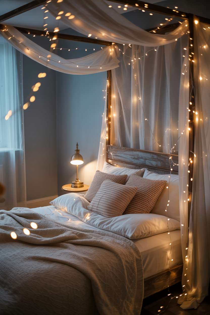 Cozy bedroom with fairy lights on ceiling and curtains, rustic wooden bed frame, white duvet, and pastel pillows